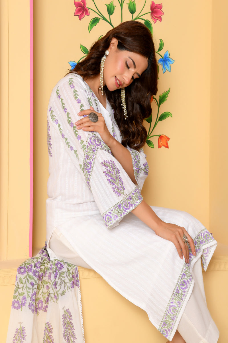 (Vaasva) Women Dobby Purple Floral placemnt printed suit set (Set of 5pc)
