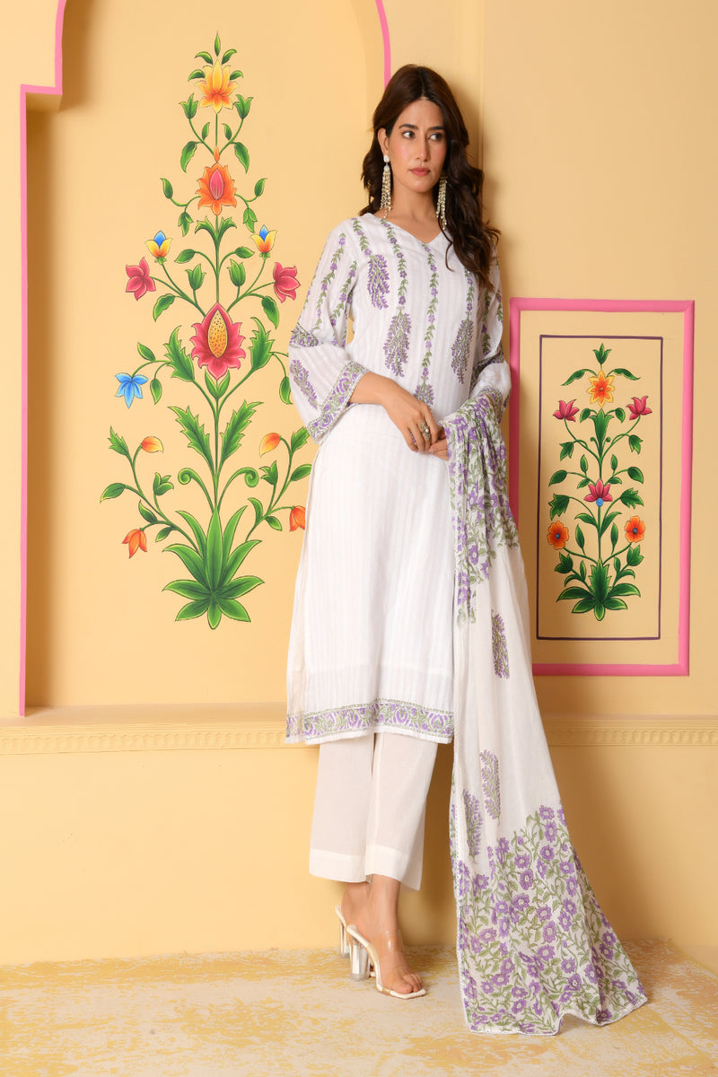 (Vaasva) Women Dobby Purple Floral placemnt printed suit set (Set of 5pc)