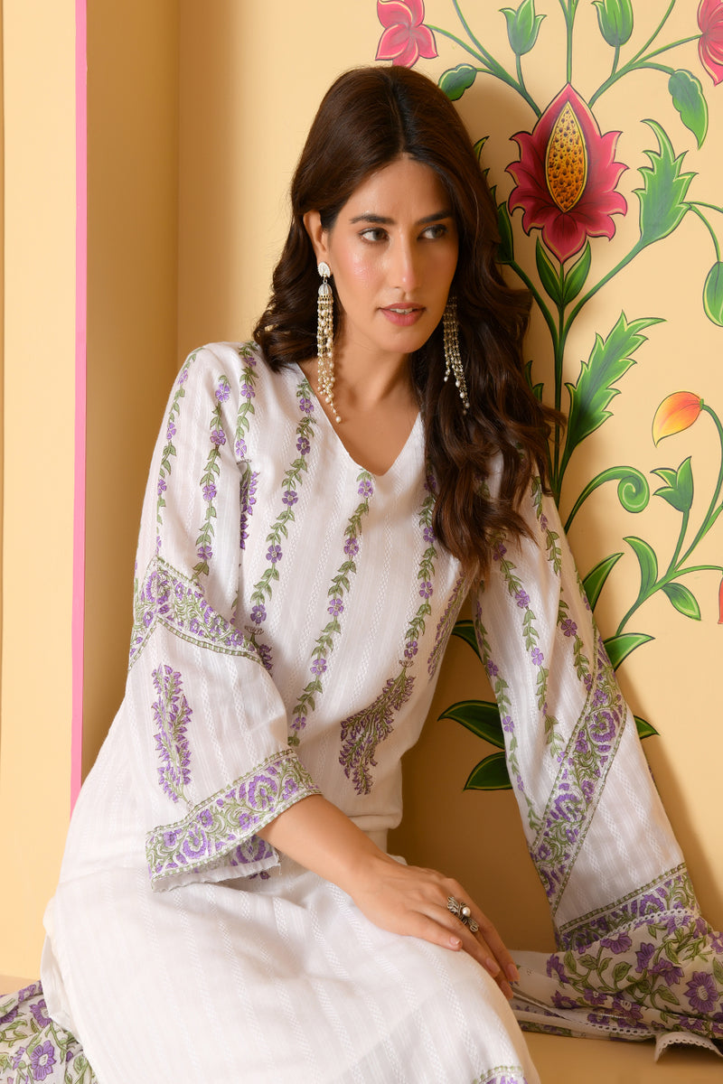 (Vaasva) Women Dobby Purple Floral placemnt printed suit set (Set of 5pc)
