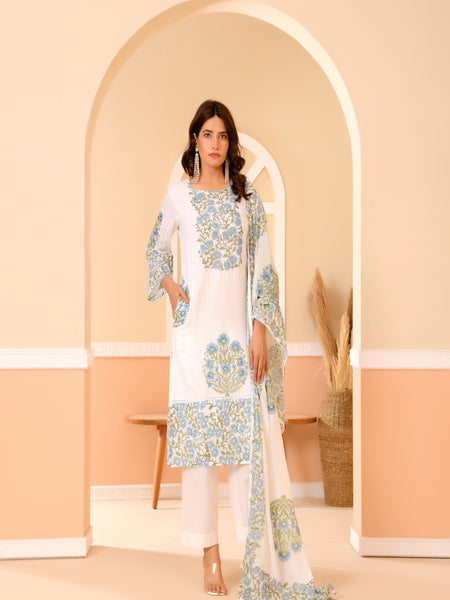 (Vaasva) Women Dobby Blue Floral placemnt printed suit set (Set of 5pc)