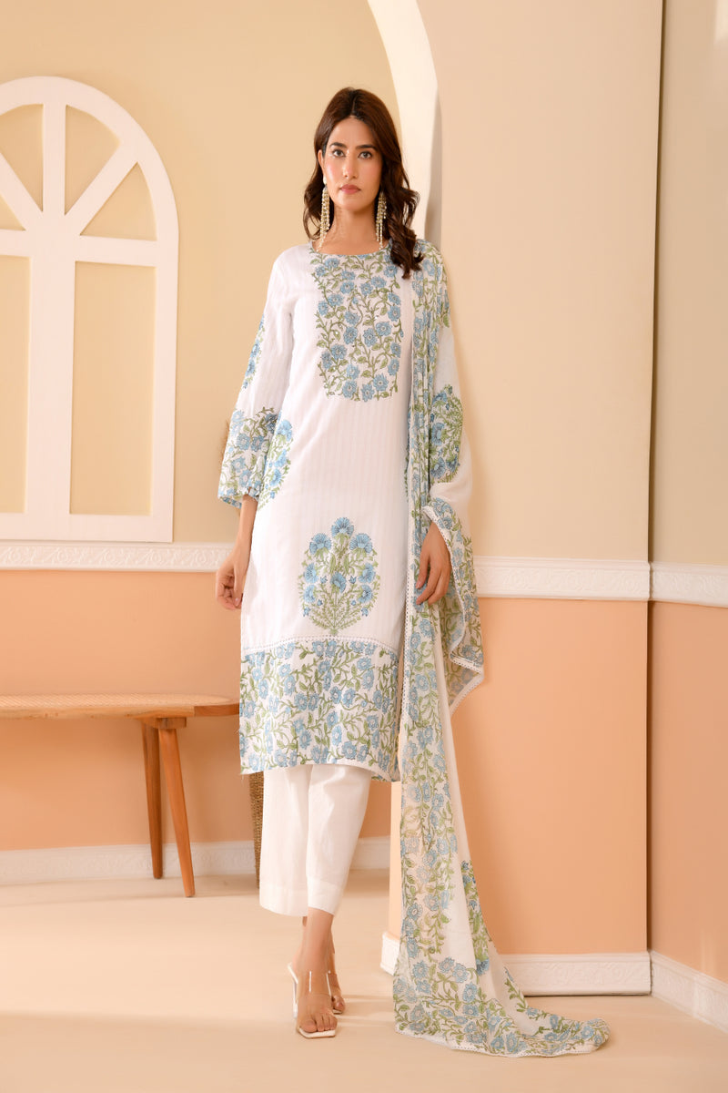 (Vaasva) Women Dobby Blue Floral placemnt printed suit set (Set of 5pc)
