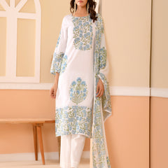 (Vaasva) Women Dobby Blue Floral placemnt printed suit set (Set of 5pc)