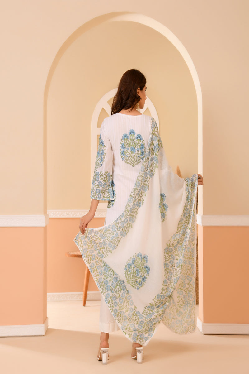 (Vaasva) Women Dobby Blue Floral placemnt printed suit set (Set of 5pc)