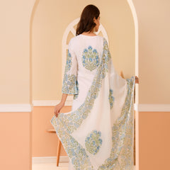 (Vaasva) Women Dobby Blue Floral placemnt printed suit set (Set of 5pc)