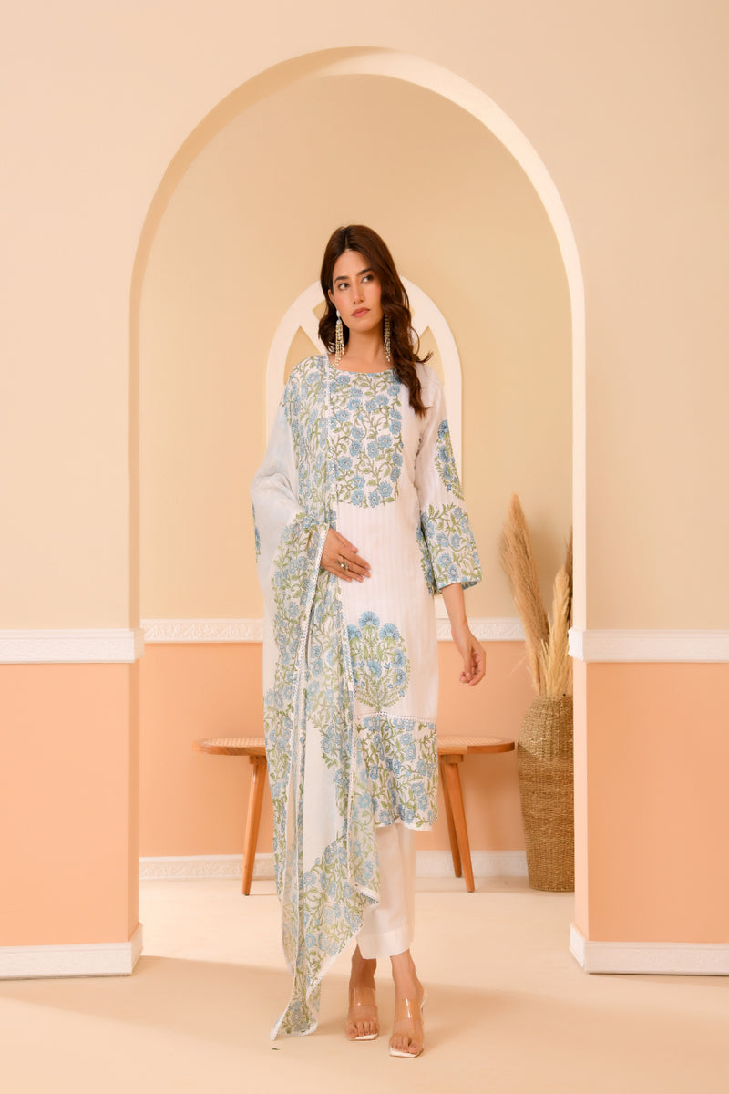 (Vaasva) Women Dobby Blue Floral placemnt printed suit set (Set of 5pc)