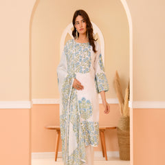 (Vaasva) Women Dobby Blue Floral placemnt printed suit set (Set of 5pc)