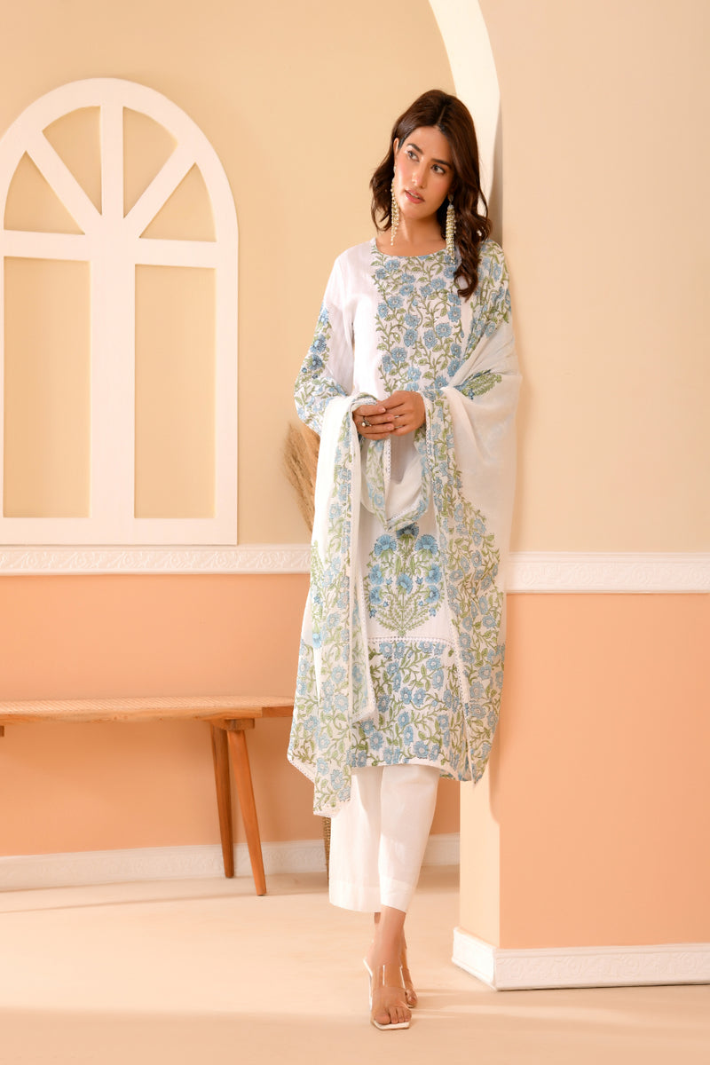 (Vaasva) Women Dobby Blue Floral placemnt printed suit set (Set of 5pc)