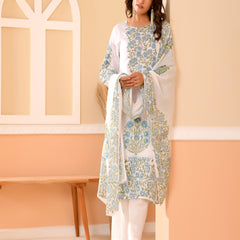 (Vaasva) Women Dobby Blue Floral placemnt printed suit set (Set of 5pc)