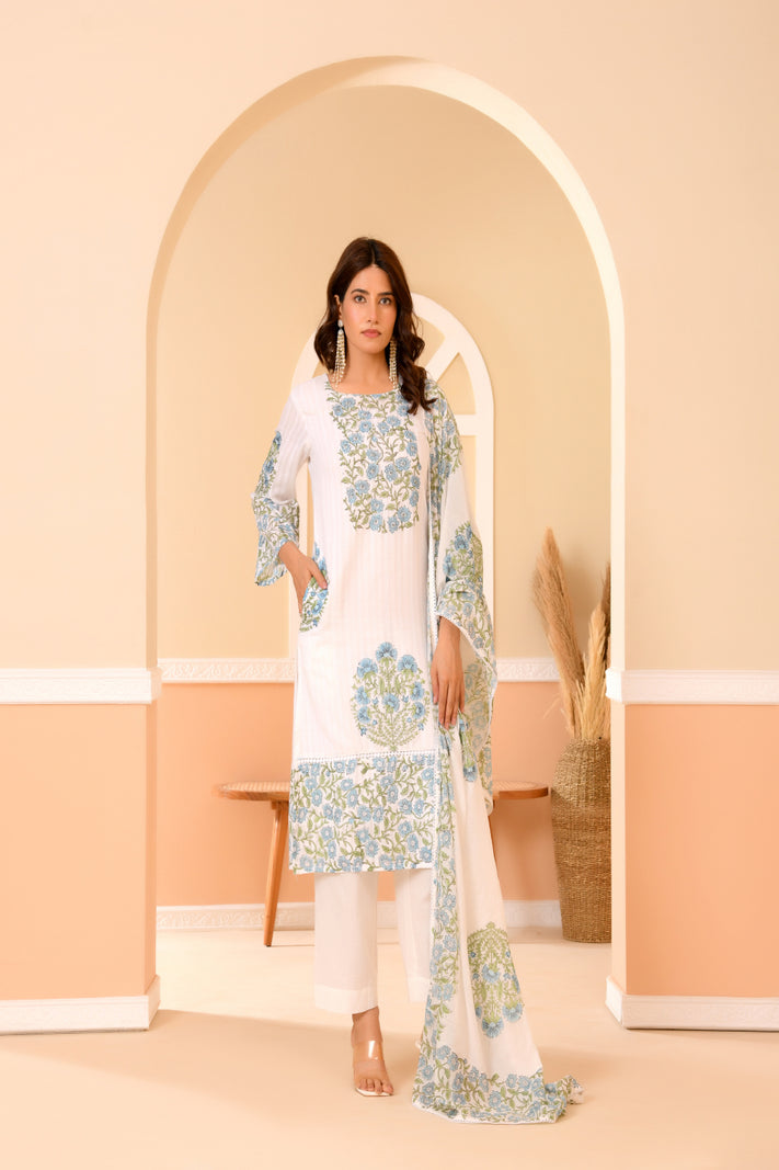 (Vaasva) Women Dobby Blue Floral placemnt printed suit set (Set of 5pc)