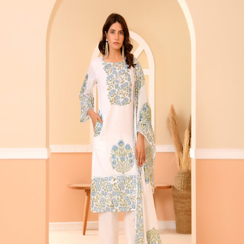 (Vaasva) Women Dobby Blue Floral placemnt printed suit set (Set of 5pc)
