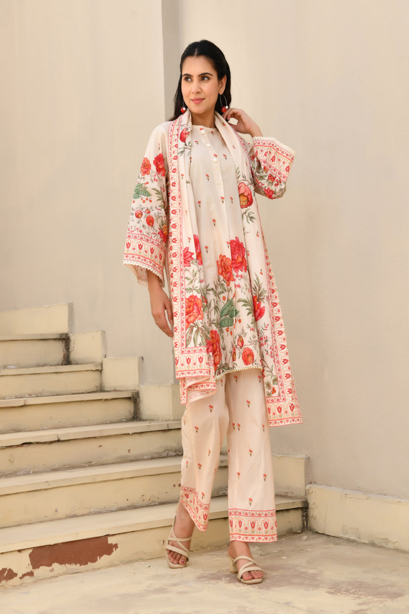 (Vaasva) Women red floral short kurti pant set with dupatta (Set of 5pc)
