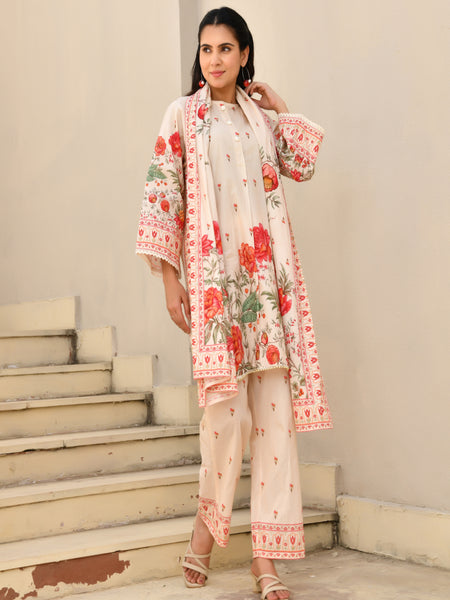 (Vaasva) Women red floral short kurti pant set with dupatta (Set of 5pc)