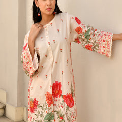 (Vaasva) Women red floral short kurti pant set with dupatta (Set of 5pc)