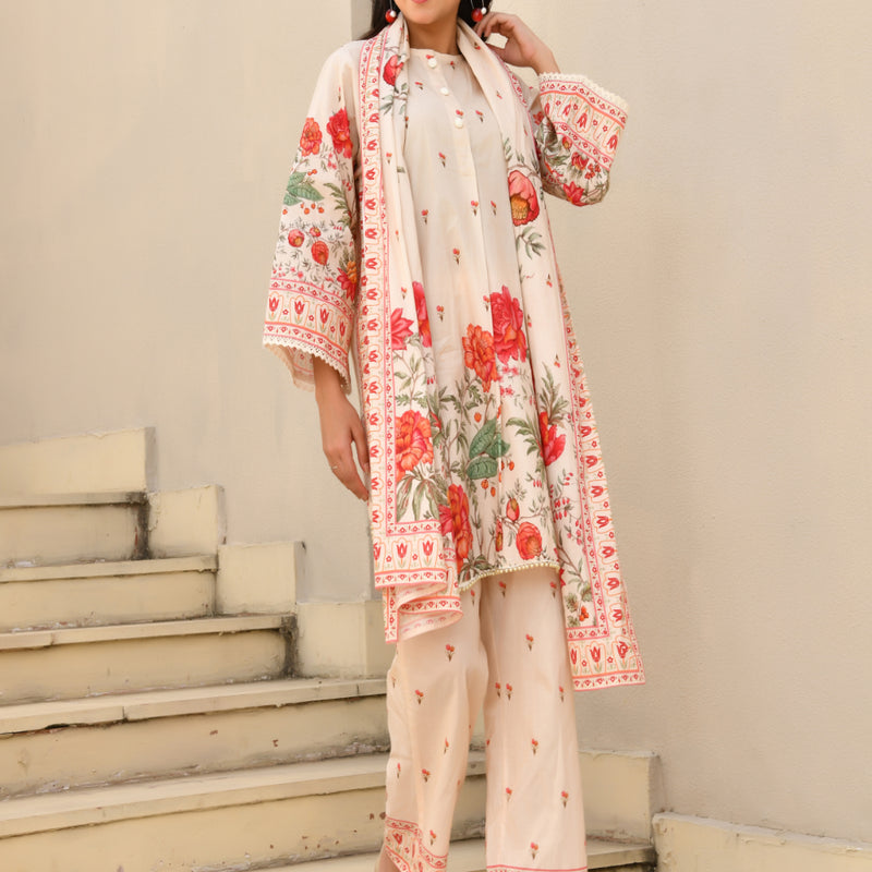 (Vaasva) Women red floral short kurti pant set with dupatta (Set of 5pc)