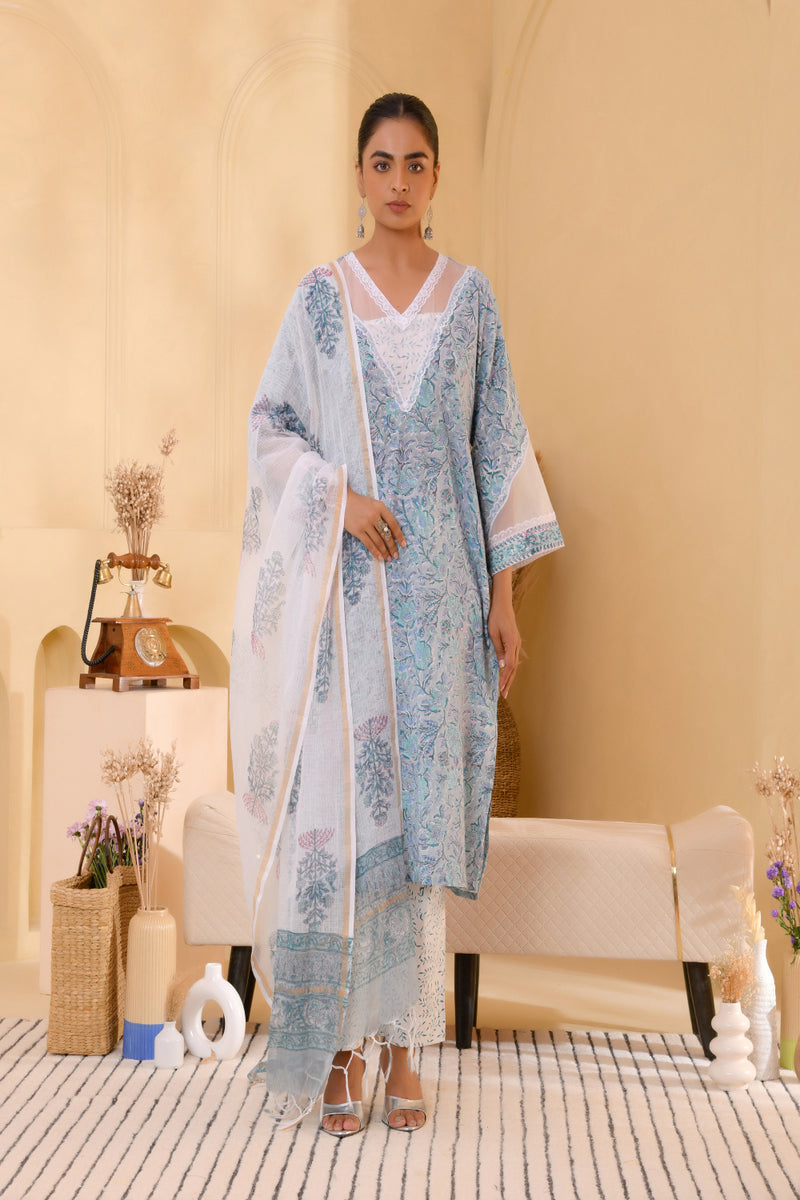 (Vaasva) Women blue floral multi block printed suit set (Set of 5pc)