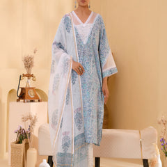 (Vaasva) Women blue floral multi block printed suit set (Set of 5pc)
