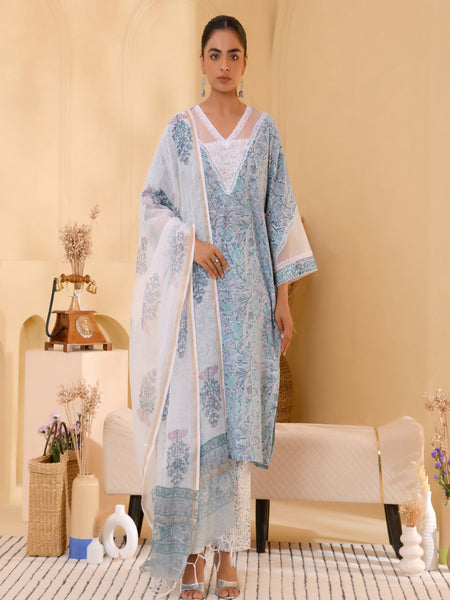 (Vaasva) Women blue floral multi block printed suit set (Set of 5pc)
