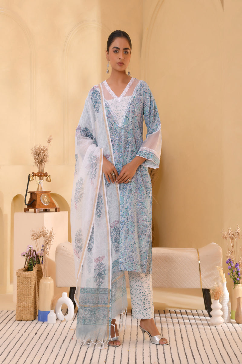 (Vaasva) Women blue floral multi block printed suit set (Set of 5pc)