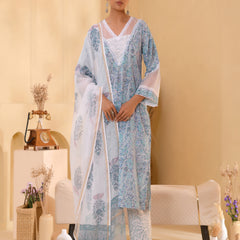 (Vaasva) Women blue floral multi block printed suit set (Set of 5pc)
