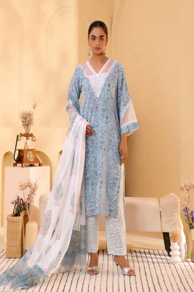 (Vaasva) Women blue floral multi block printed suit set (Set of 5pc)