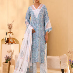 (Vaasva) Women blue floral multi block printed suit set (Set of 5pc)