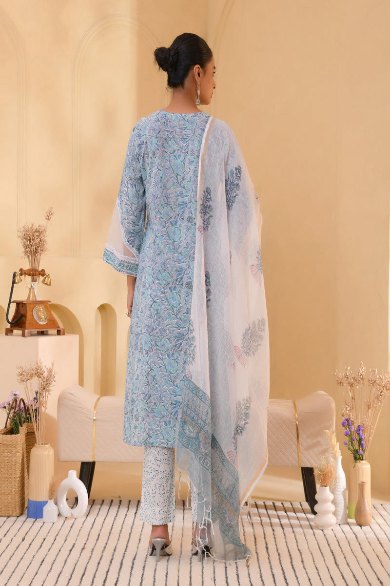 (Vaasva) Women blue floral multi block printed suit set (Set of 5pc)
