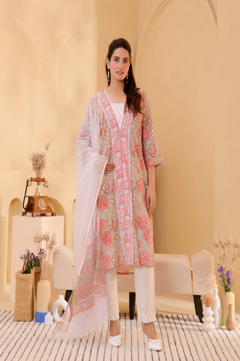 (Vaasva) Women beige front border blcok printed suit set (Set of 5pc)