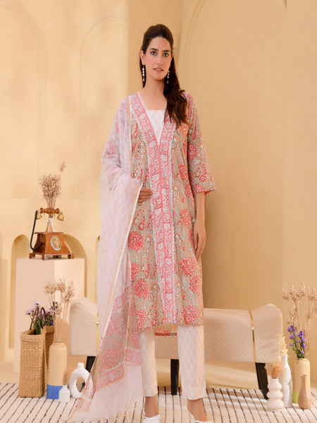 (Vaasva) Women beige front border blcok printed suit set (Set of 5pc)