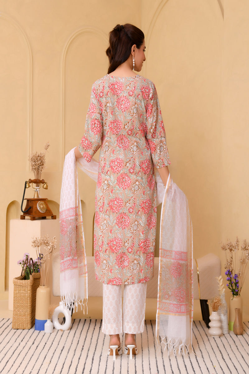 (Vaasva) Women beige front border blcok printed suit set (Set of 5pc)