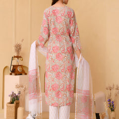 (Vaasva) Women beige front border blcok printed suit set (Set of 5pc)