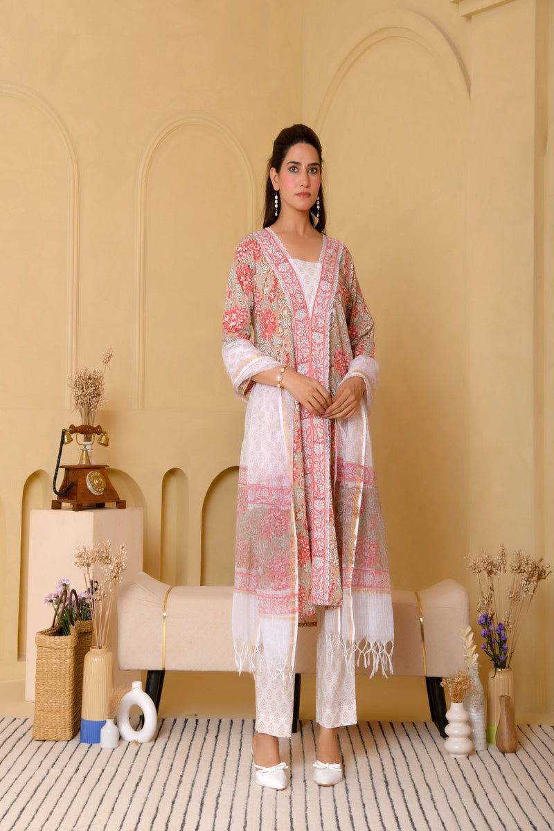 (Vaasva) Women beige front border blcok printed suit set (Set of 5pc)