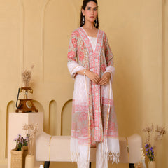 (Vaasva) Women beige front border blcok printed suit set (Set of 5pc)