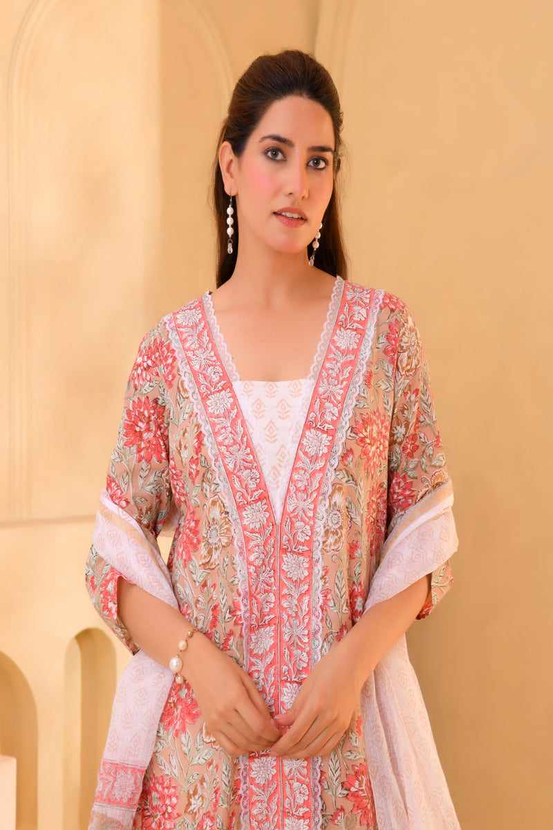 (Vaasva) Women beige front border blcok printed suit set (Set of 5pc)