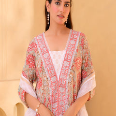 (Vaasva) Women beige front border blcok printed suit set (Set of 5pc)