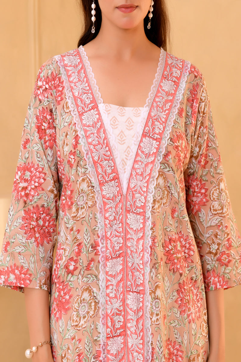 (Vaasva) Women beige front border blcok printed suit set (Set of 5pc)