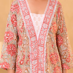 (Vaasva) Women beige front border blcok printed suit set (Set of 5pc)