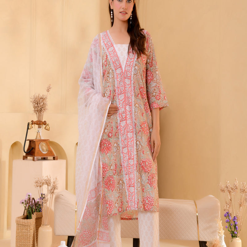 (Vaasva) Women beige front border blcok printed suit set (Set of 5pc)