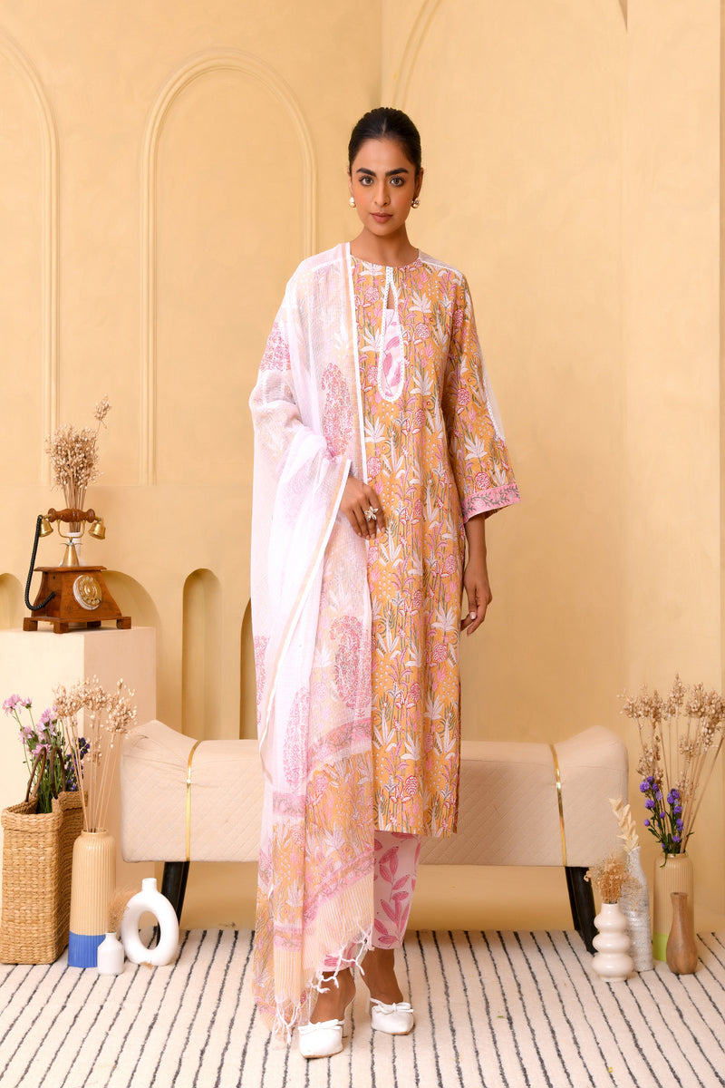 (Vaasva) Women mustard pear shaped block printed suit set (Set of 5pc)