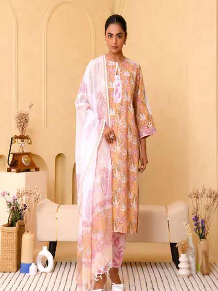 (Vaasva) Women mustard pear shaped block printed suit set (Set of 5pc)