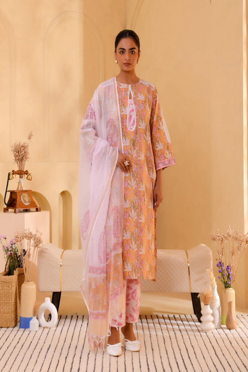 (Vaasva) Women mustard pear shaped block printed suit set (Set of 5pc)