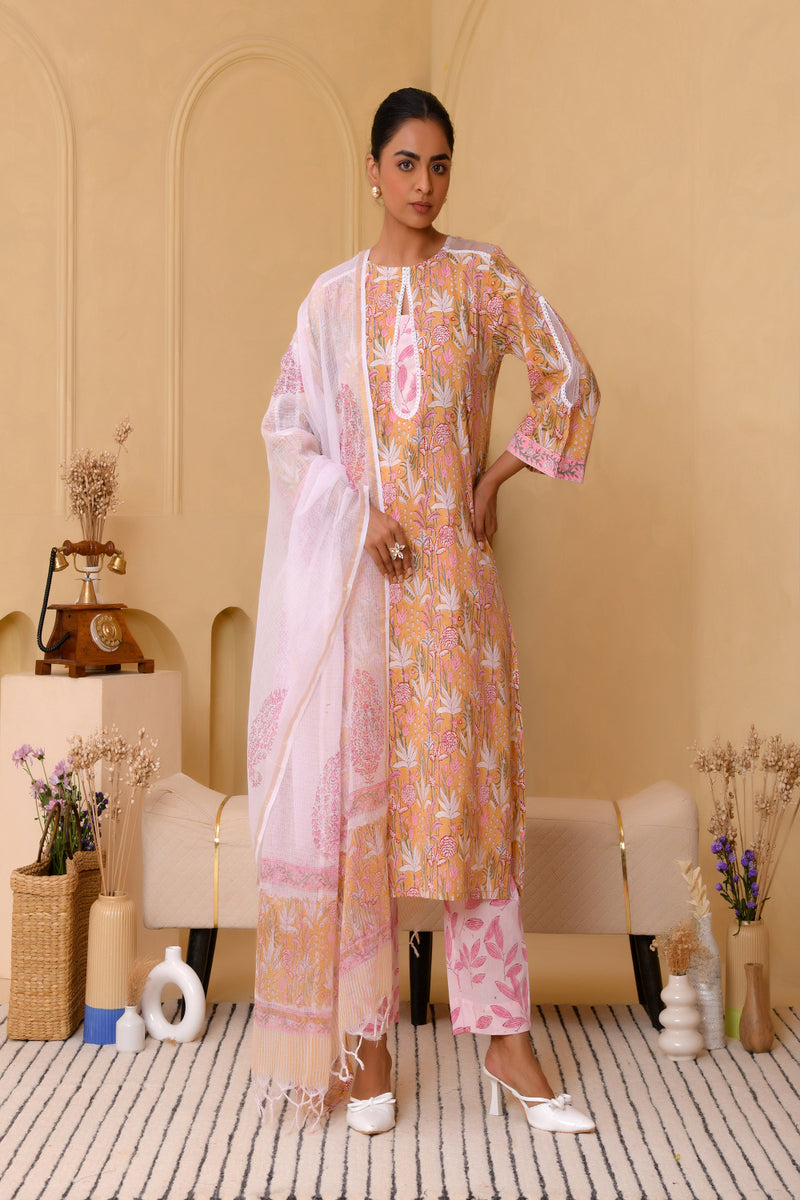 (Vaasva) Women mustard pear shaped block printed suit set (Set of 5pc)