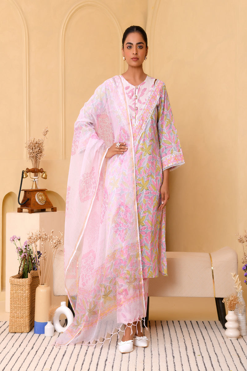 (Vaasva) Women grey floral block printed suit set with kota doria dupatta (Set of 5pc)