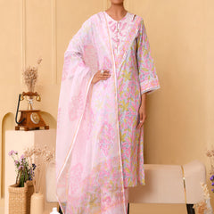 (Vaasva) Women grey floral block printed suit set with kota doria dupatta (Set of 5pc)
