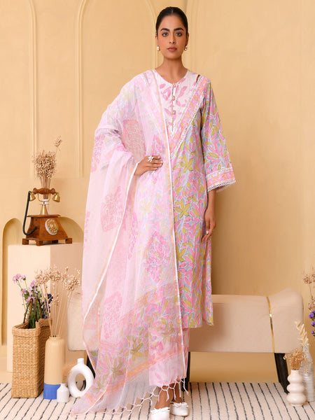 (Vaasva) Women grey floral block printed suit set with kota doria dupatta (Set of 5pc)