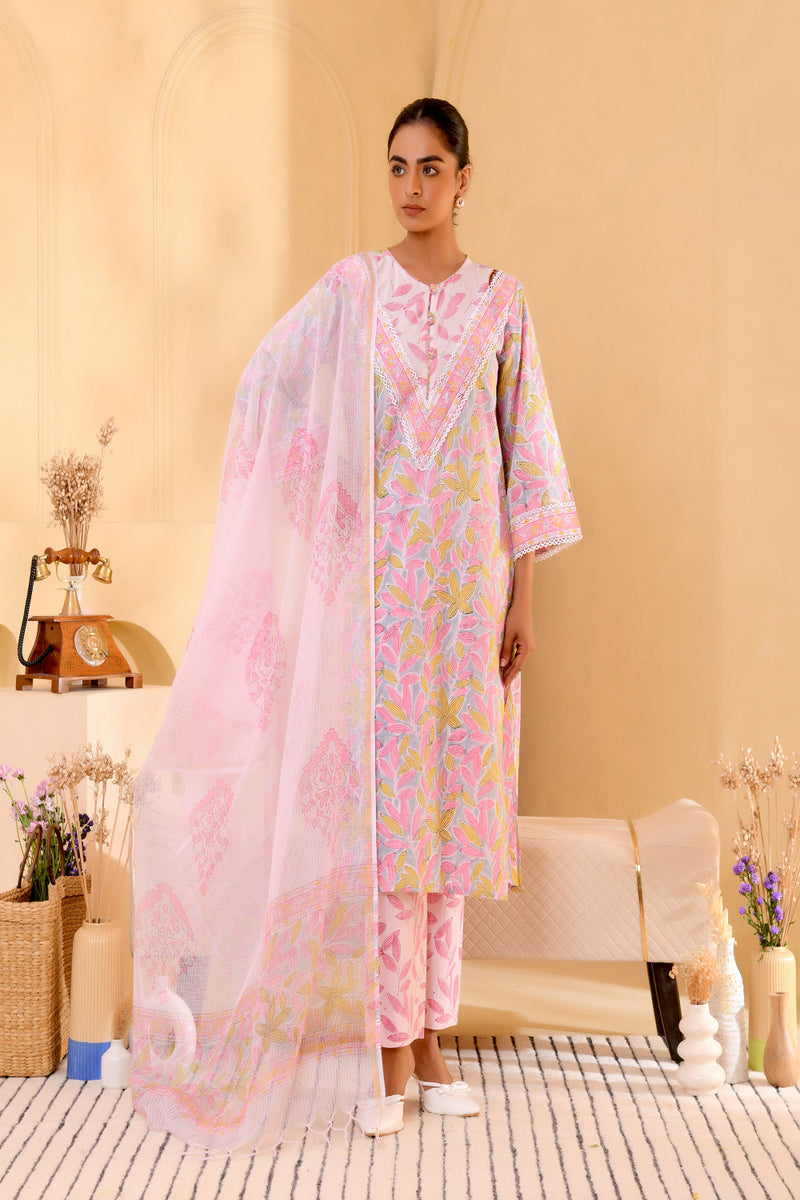 (Vaasva) Women grey floral block printed suit set with kota doria dupatta (Set of 5pc)