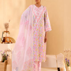 (Vaasva) Women grey floral block printed suit set with kota doria dupatta (Set of 5pc)