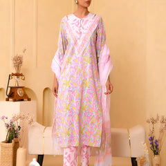 (Vaasva) Women grey floral block printed suit set with kota doria dupatta (Set of 5pc)