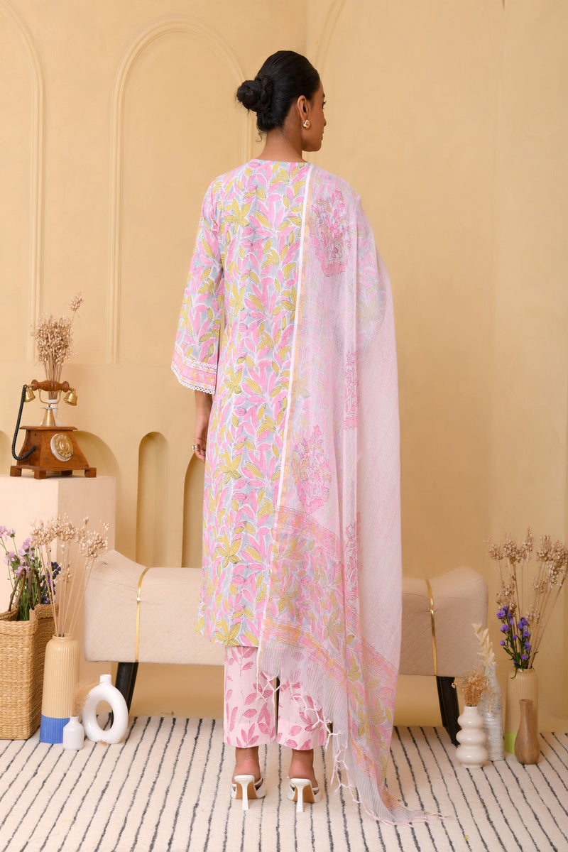 (Vaasva) Women grey floral block printed suit set with kota doria dupatta (Set of 5pc)