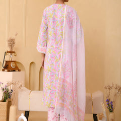 (Vaasva) Women grey floral block printed suit set with kota doria dupatta (Set of 5pc)