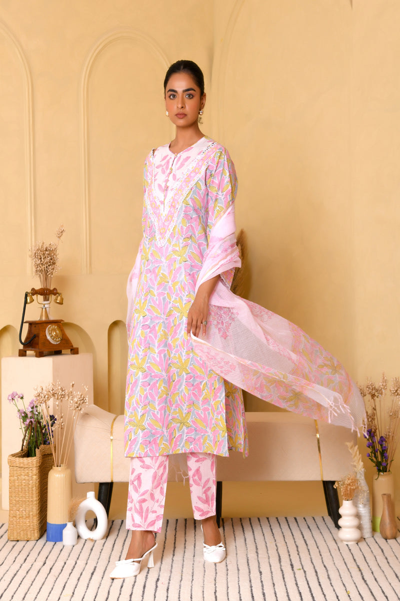 (Vaasva) Women grey floral block printed suit set with kota doria dupatta (Set of 5pc)